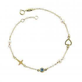 Βραχιόλι Ματάκι, Σταυρουδάκι & Καρδιά Χρυσός Κ9 SKU-53016