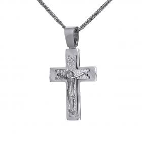 Σταυρός Λευκόχρυσος Κ14 Διπλής Όψης με τον Εσταυρωμένο SKU-53206