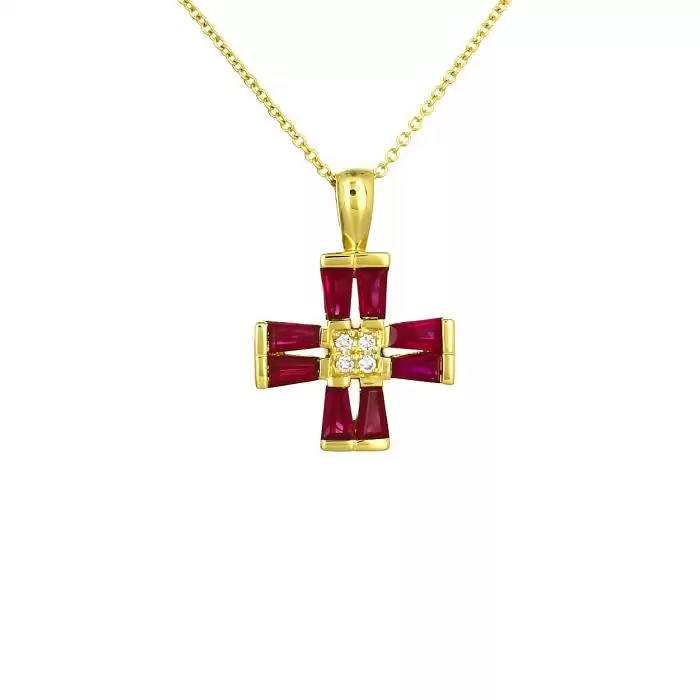 SKU-53123 / Σταυρός με Αλυσίδα Χρυσός Κ18 με Διαμάντια και Ρουμπίνια