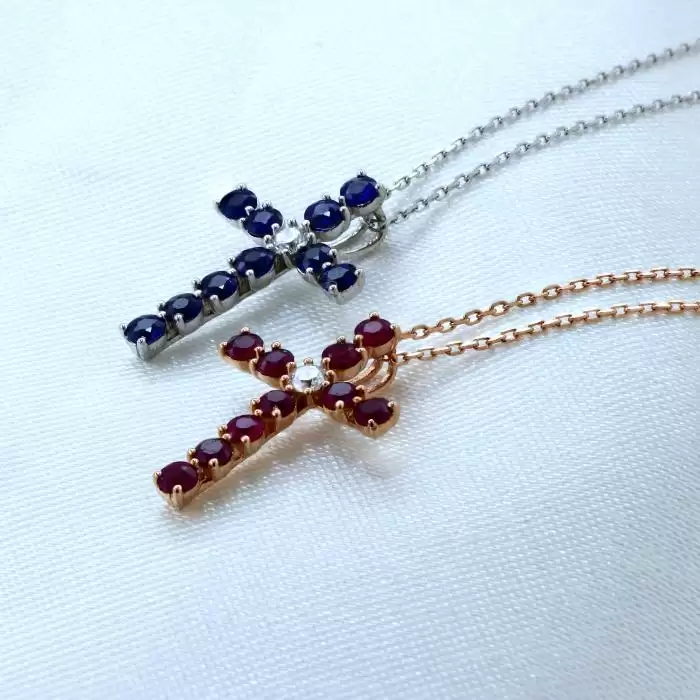 Σταυρός με Αλυσίδα Ροζ Χρυσός Κ18 με Ρουμπίνια & Διαμάντι