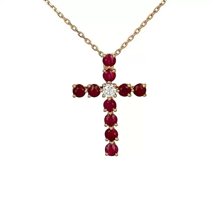 SKU-54357 / Σταυρός με Αλυσίδα Ροζ Χρυσός Κ18 με Ρουμπίνια & Διαμάντι