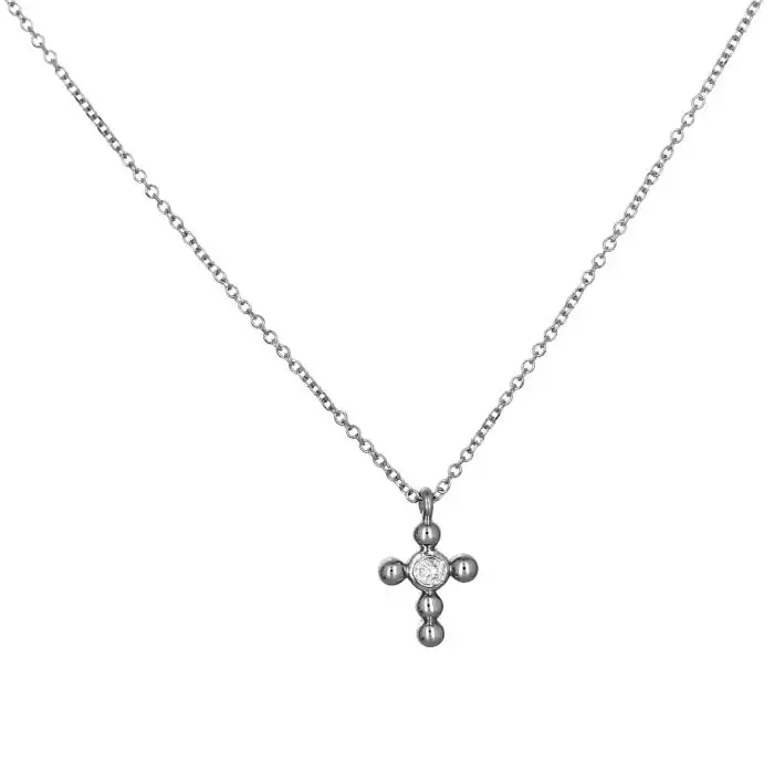 SKU-54648 / Σταυρός με Αλυσίδα Λευκόχρυσος Κ14 με Διαμάντι