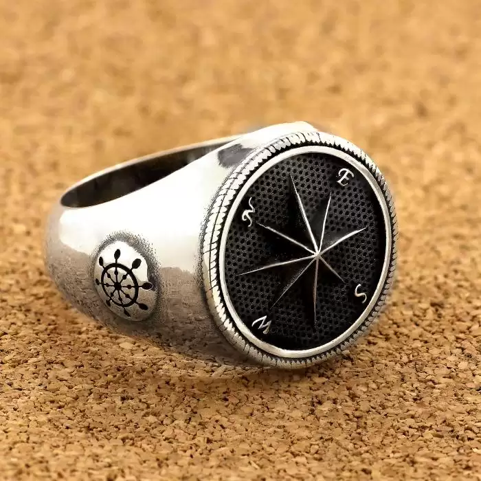 Δαχτυλίδι Ασήμι 925° Πυξίδα με Μαύρο Πλατίνωμα