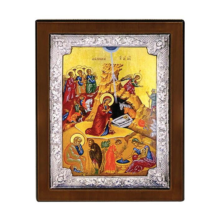 Ασημένια Εικόνα Astron η Γέννηση Του Χριστού σε Λακαριστό Ξύλο