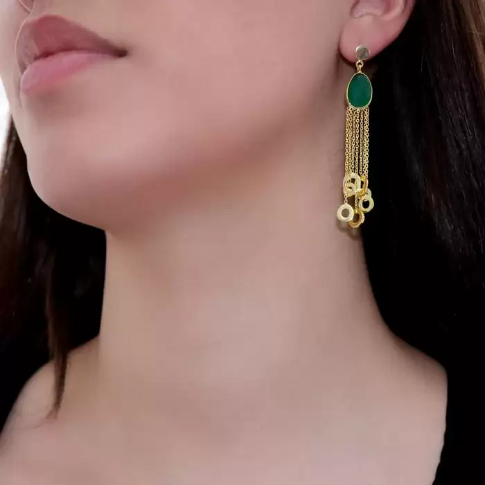 Σκουλαρίκια Κρεμαστά Boho Ασήμι 925° με  Πράσινο Όνυχα