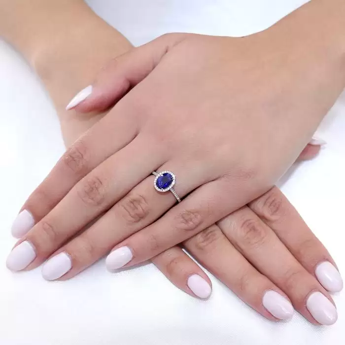 SKU-57514 / Δαχτυλίδι Ροζέτα Λευκόχρυσος Κ18 με Διαμάντια & Ζαφείρι