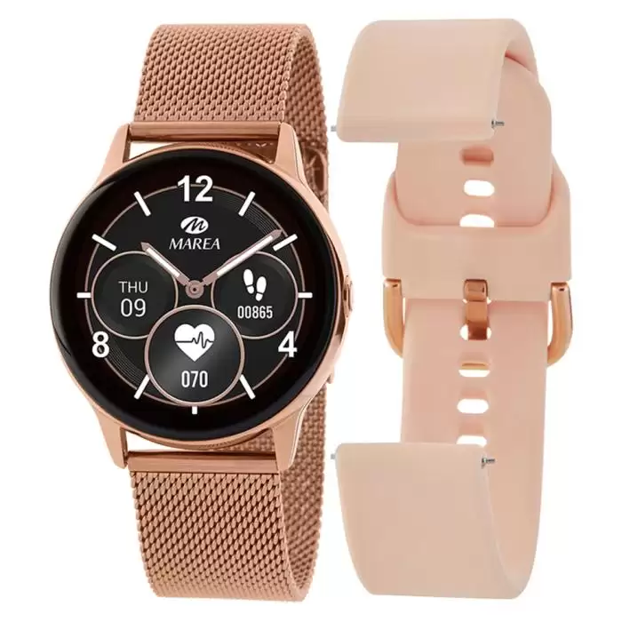 SKU-57700 / MAREA Smartwatch Rose Gold Stainless Steel Bracelet & Pink Rubber Strap Gift 