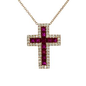 Σταυρός με Αλυσίδα Ροζ Χρυσός Κ18 με Ρουμπίνια & Διαμάντια