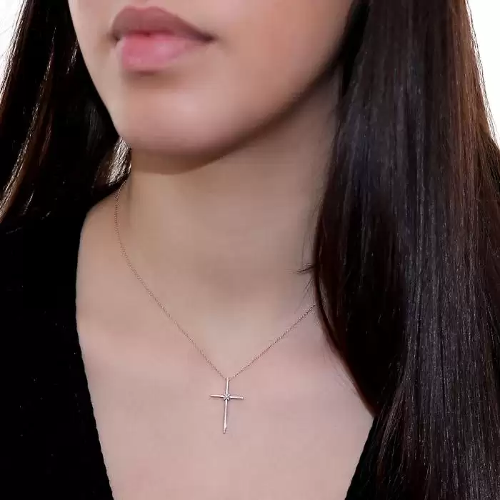 SKU-57990 / Σταυρός με Αλυσίδα Ροζ Χρυσός Κ18 με Διαμάντια