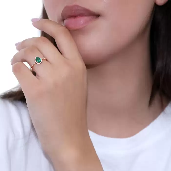 SKU-58848 / Δαχτυλίδι Ροζ Χρυσός Κ14 με Σμαράγδι & Διαμάντια