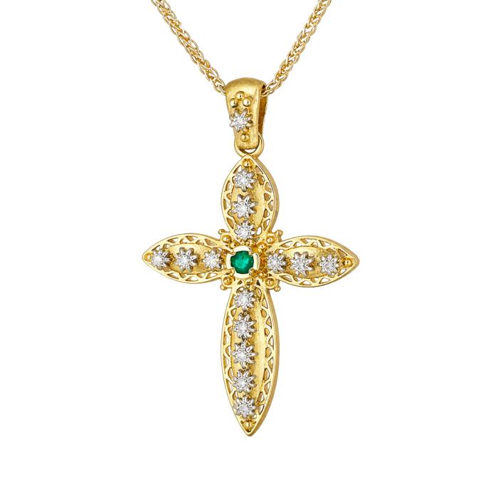 Σταυρός Χειροποίητος Χρυσός Κ14 με Σμαράγδι & Διαμάντια SKU-58812