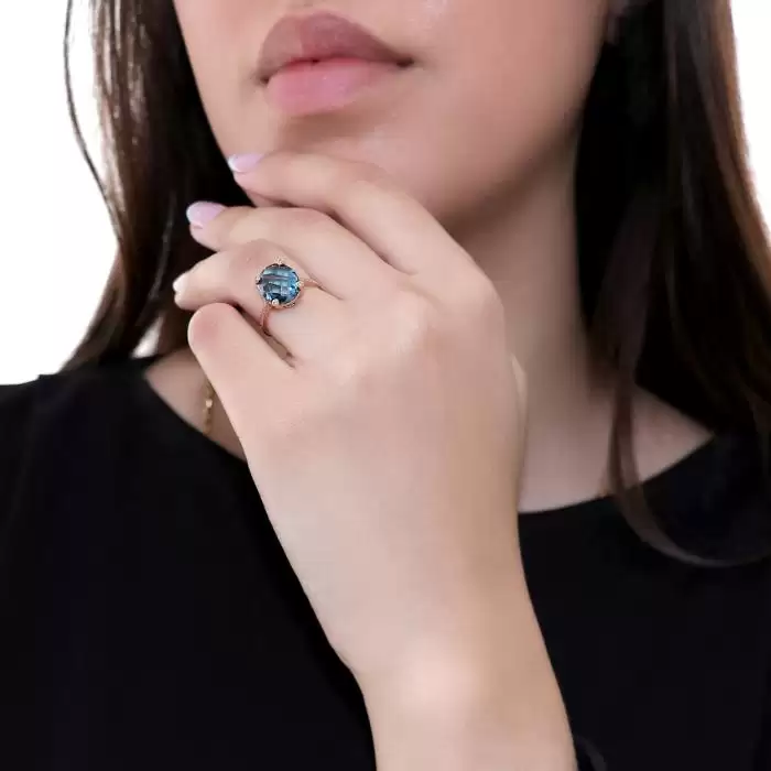 SKU-59637 / Δαχτυλίδι Ροζ Χρυσός Κ18 με London Blue Topaz & Καφέ Διαμάντια