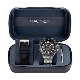 NAUTICA NST 49 Chronograph Silver Stainless Steel Bracelet Gift Set Black Silicone Strap