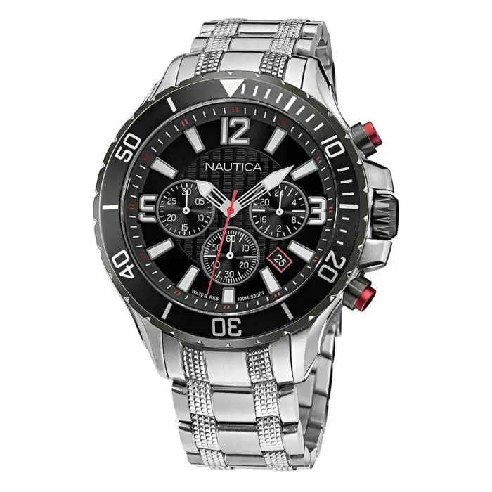 SKU-59892 / NAUTICA NST 49 Chronograph Silver Stainless Steel Bracelet Gift Set Black Silicone Strap