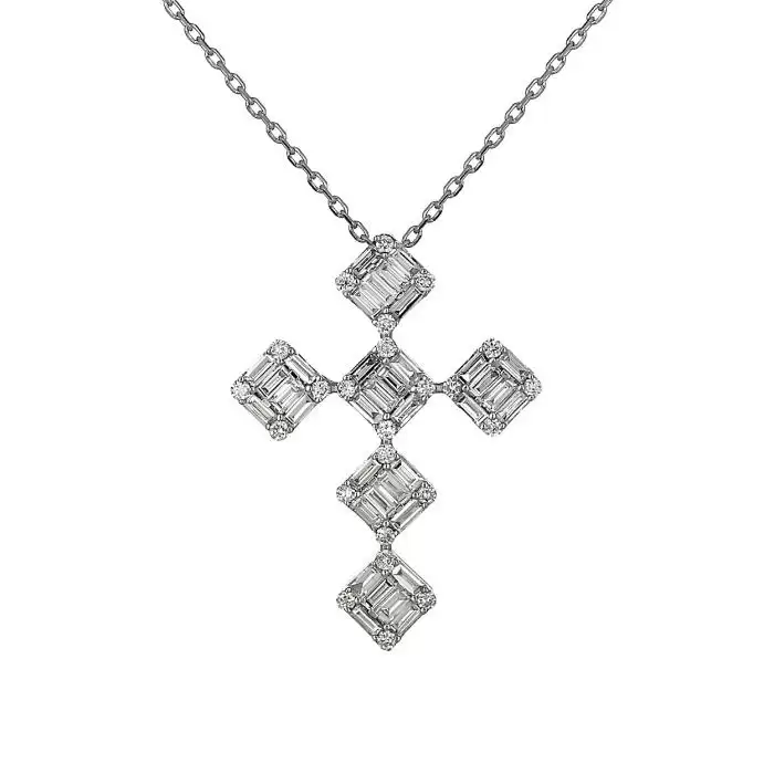 SKU-59840 / Σταυρός με Αλυσίδα Λευκόχρυσος Κ18 με Διαμάντια