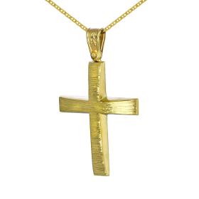 Ανδρικός Σταυρός με Αλυσίδα Χρυσός Κ9 με Σαγρέ Φινίρισμα SKU-59499
