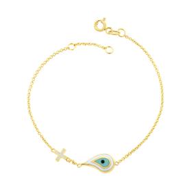Βραχιόλι Ματάκι Χρυσός Κ14 με Γαλάζιο και Λευκό Σμάλτο SKU-60802