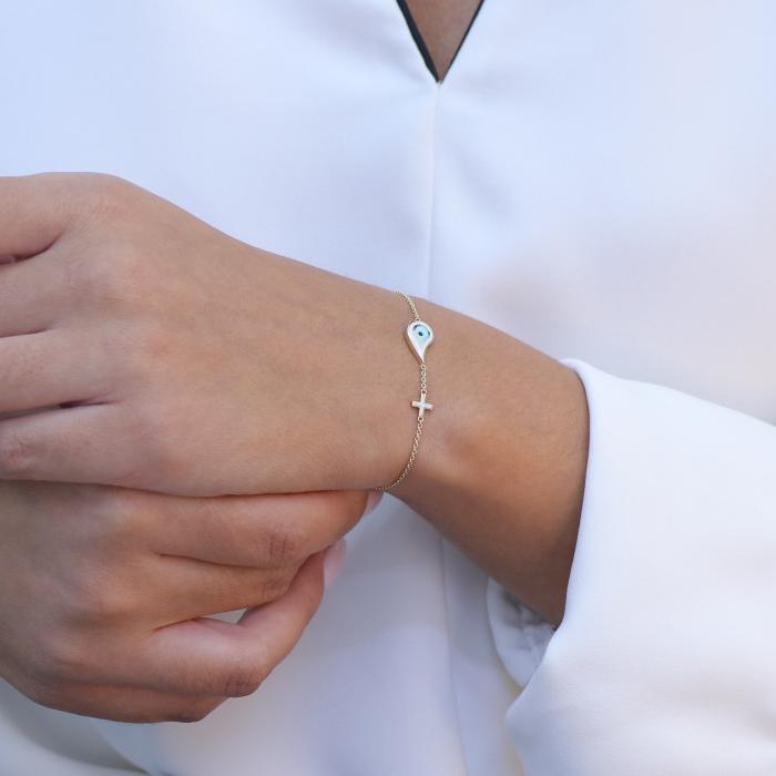 Βραχιόλι Ματάκι Χρυσός Κ14 με Γαλάζιο και Λευκό Σμάλτο SKU-60802