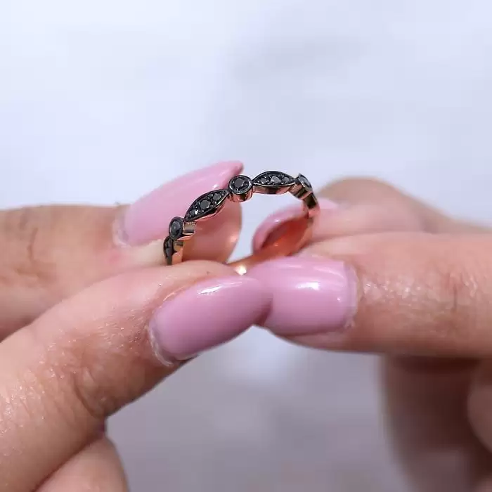 Δαχτυλίδι Σειρέ Ροζ Χρυσός Κ14 με Μαύρα Διαμάντια