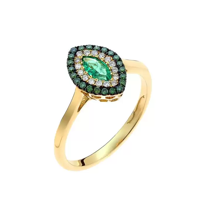 SKU-60112 / Δαχτυλίδι Χρυσός Κ18 με Σμαράγδι, Πράσινα & Λευκά Διαμάντια