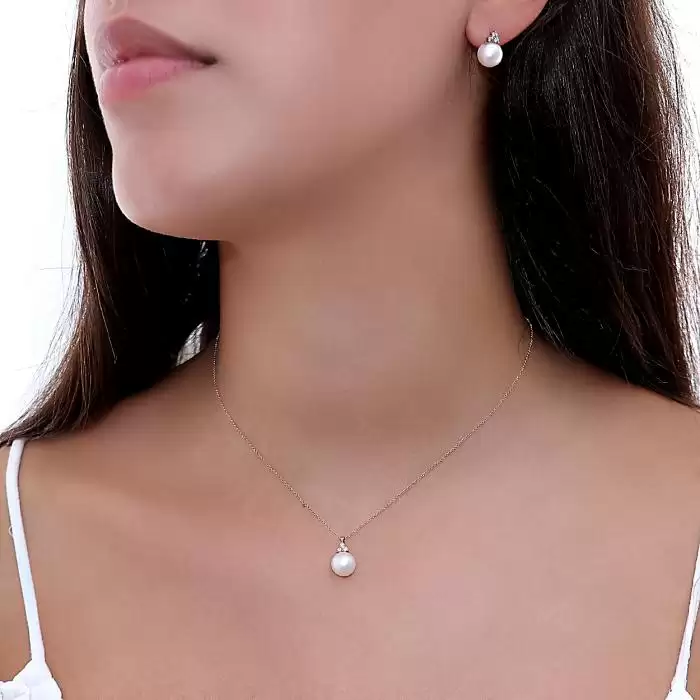 SKU-60369 / Σκουλαρίκια Ροζ Χρυσός Κ18 με Μαργαριτάρια & Διαμάντια