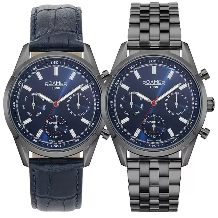 Ανδρικό Ρολόι ROAMER Sportivo Box Set με Γκρί Μπρασελέ από Ανοξείδωτο Ατσάλι & Δώρο Μπλέ Δερμάτινο Λουράκι | 856982-48-45-70 SKU-61749