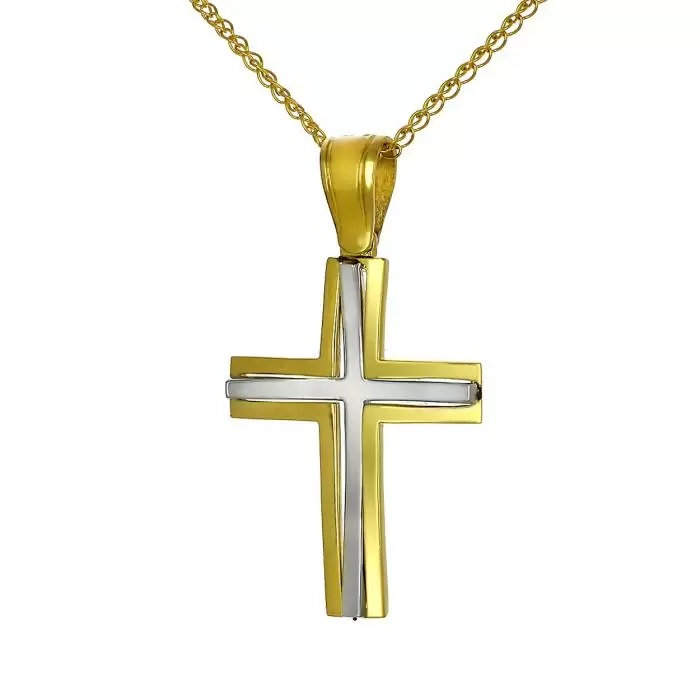 Σταυρός Λευκόχρυσος & Χρυσός Κ14 Διπλής Όψεως SKU-61084