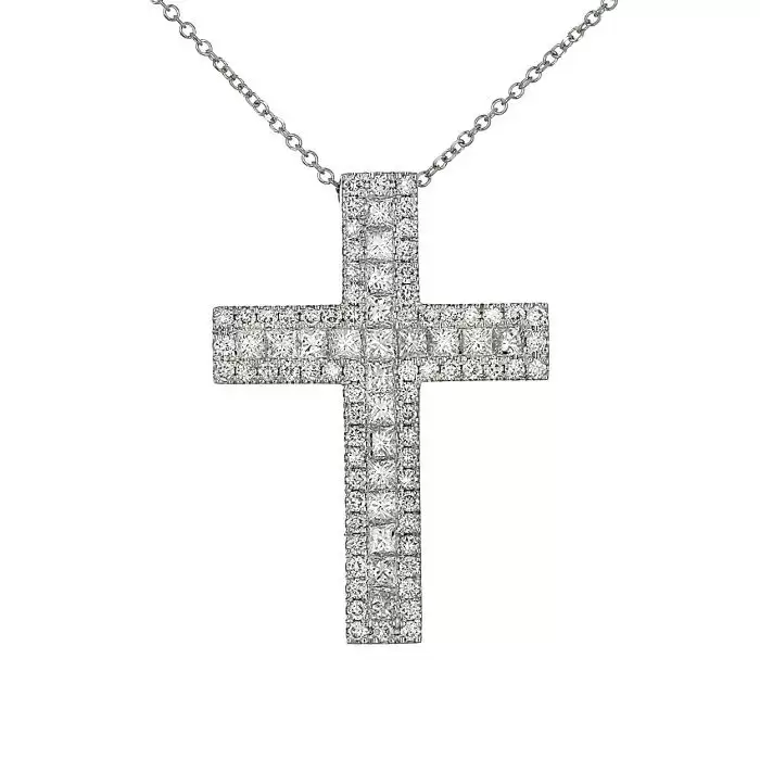 SKU-61589 / Σταυρός με Αλυσίδα Λευκόχρυσος Κ18 με Διαμάντια