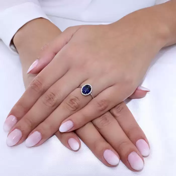 Δαχτυλίδι Λευκόχρυσος Κ14 με Ζαφείρι & Διαμάντια