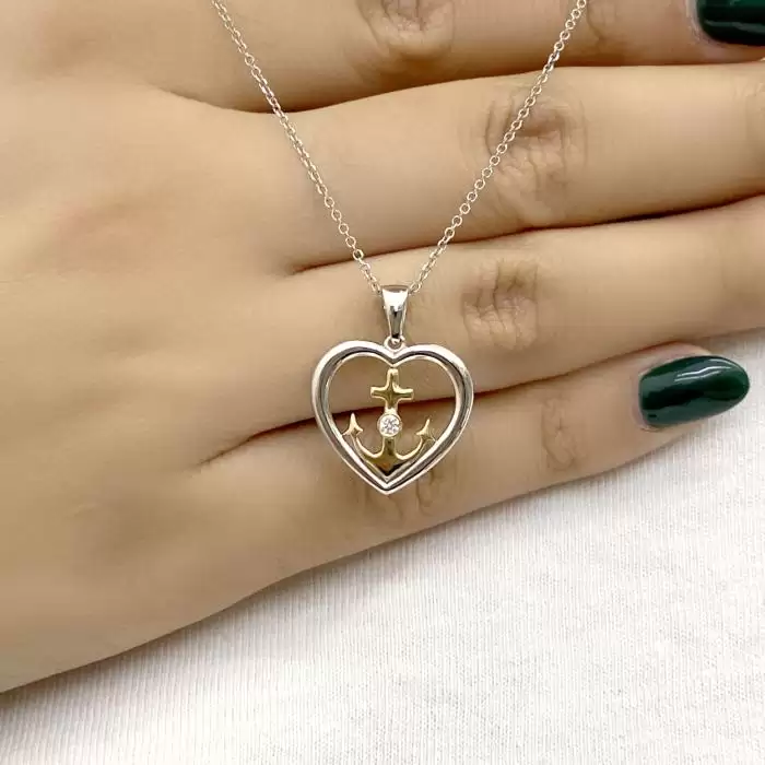 Μενταγιόν Καρδιά με Άγκυρα Λευκόχρυσος & Χρυσός Κ14 με Διαμάντι