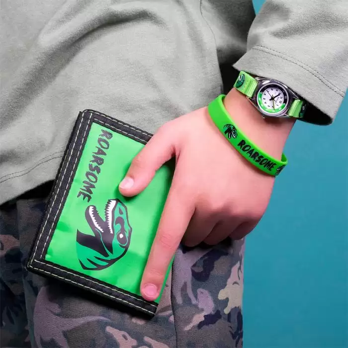 TIKKERS Kids Box Set Dinosaur Green Fabric Strap & Dinosaur Wallet and Silicone Wrist Gift
