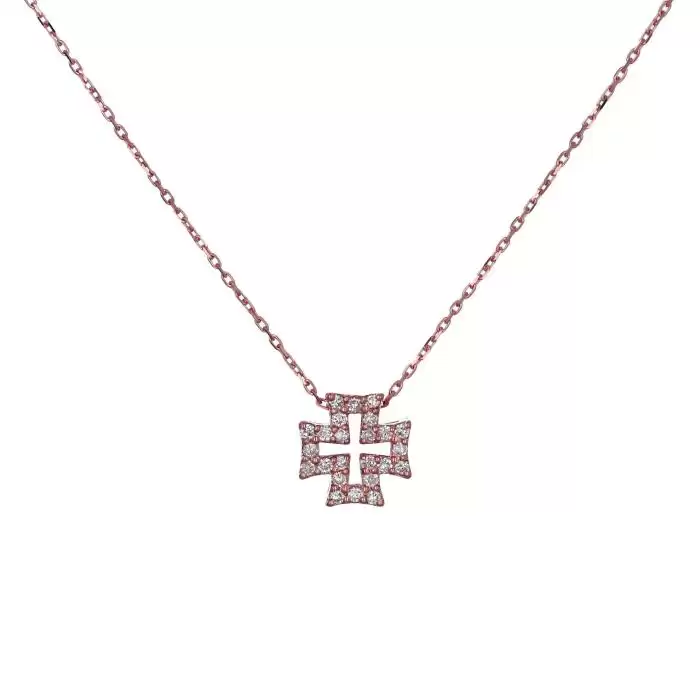 SKU-64628 / Κολιέ Σταυρός Ροζ Χρυσός Κ18 με Διαμάντια