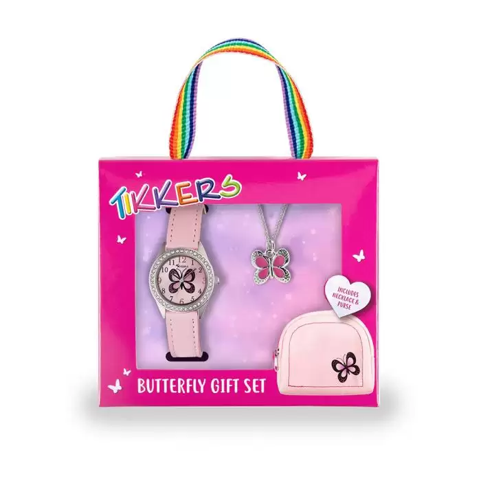 SKU-64841 / TIKKERS Kids Butterfly Gift Pink Leather Strap Set Necklace & Purse