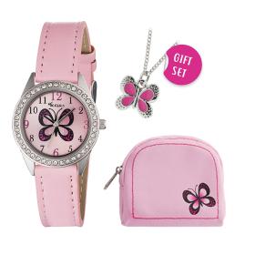 TIKKERS Kids Butterfly Gift Pink Leather Strap Set Necklace & Purse