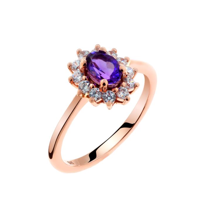 SKU-65544 / Δαχτυλίδι Ροζέτα με Αμέθυστο & Διαμάντια Ροζ Χρυσός Κ18