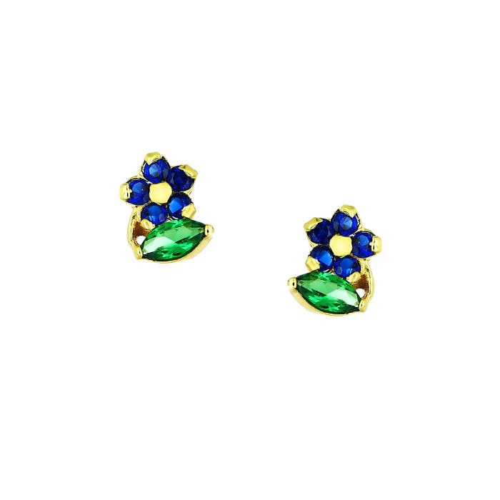 SKU-65595 / Σκουλαρίκια Λουλούδι Χρυσός Κ9 με Μπλε & Πράσινα Ζιργκόν