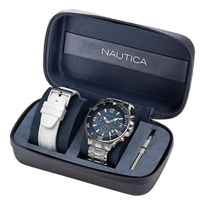 SKU-66185 / NAUTICA NST Chronograph Silver Stainless Steel Bracelet Gift Set White Silicone Strap