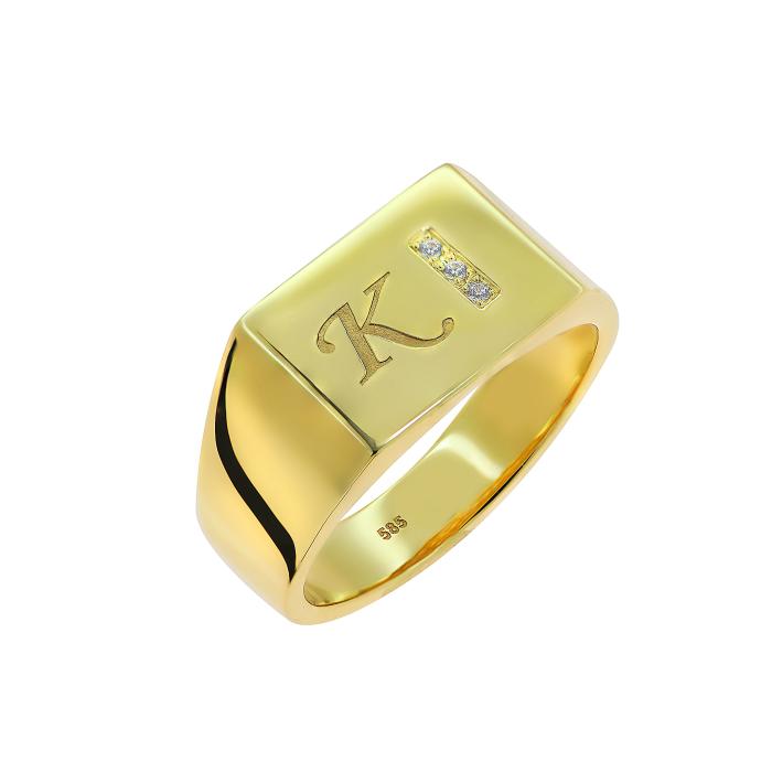 SKU-67616 / Δαχτυλίδι Μονόγραμμα Χρυσός Κ14 με Λευκά Ζιργκόν