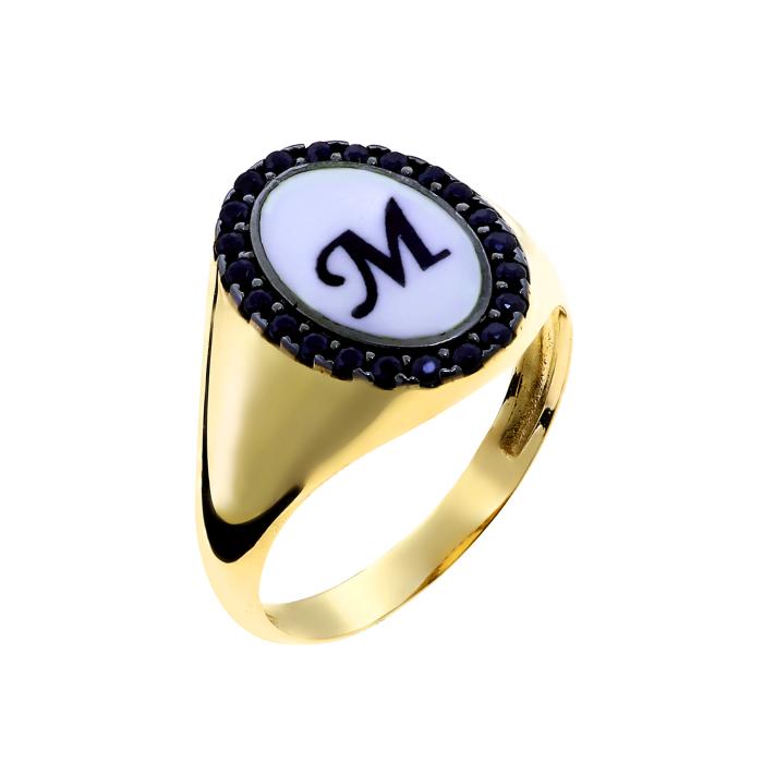 SKU-67343 / Δαχτυλίδι Μονόγραμμα με Μαύρα Ζιργκόν Χρυσός Κ9
