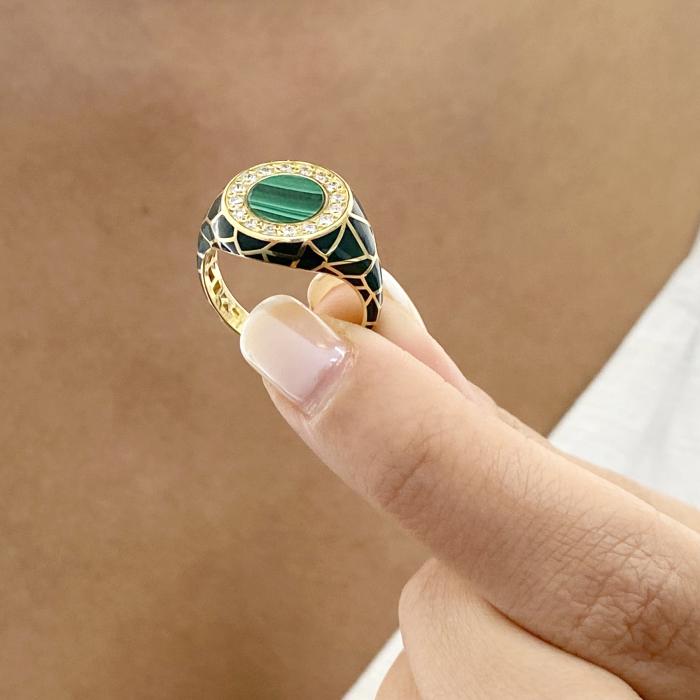 Δαχτυλίδι Σεβαλιέ Χρυσός Κ18 με Μαλαχίτη, Διαμάντια & Σμάλτο