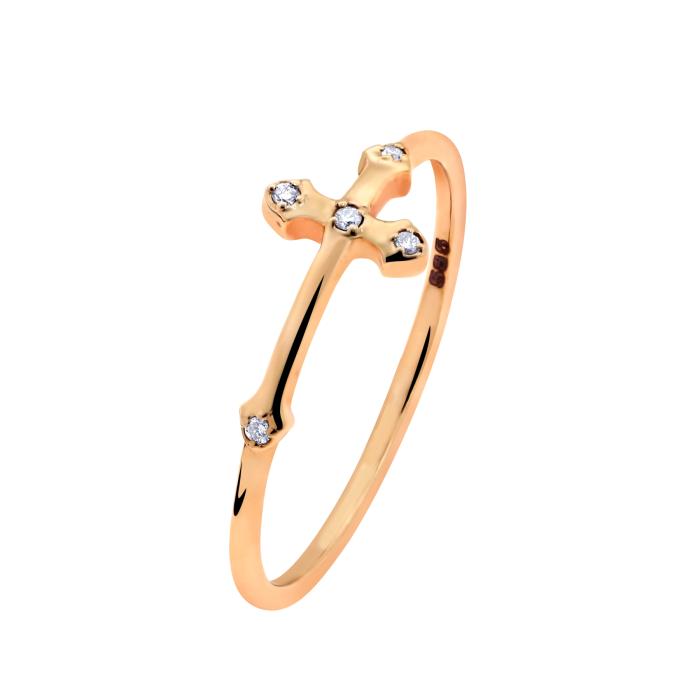 SKU-67067 / Δαχτυλίδι Σταυρός Ροζ Χρυσός Κ14 με Διαμάντια