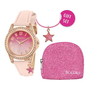 Παιδικό Ρολόι TIKKERS Glitter Gift, Ρόζ Λουράκι & Πορτοφόλι | ATK1062 SKU-67027