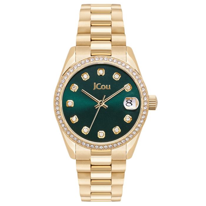 JCOU Gliss Crystals Gold Stainless Steel Bracelet & Green Leather Strap BOX SET