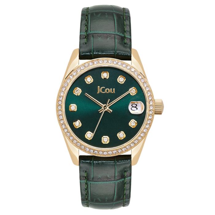 SKU-68089 / JCOU Gliss Crystals Gold Stainless Steel Bracelet & Green Leather Strap BOX SET
