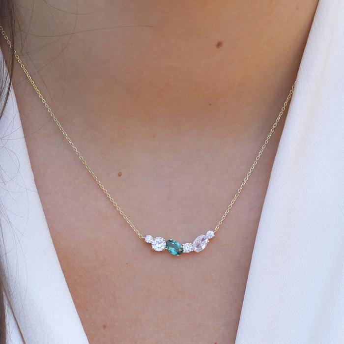 Κολιέ με Πράσινο και Λευκά Ζιργκόν Χρυσός Κ9 SKU-73394