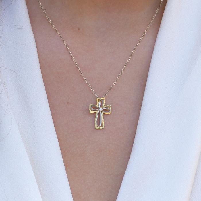 Σταυρός Γυναικείος Χρυσός & Λευκόχρυσος Κ9 με Ζιργκόν SKU-73426