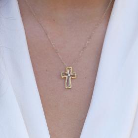 Σταυρός Γυναικείος Χρυσός & Λευκόχρυσος Κ9 με Ζιργκόν SKU-73426