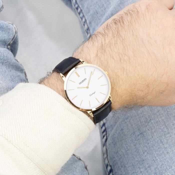 OOZOO Vintage White Dial & Black Leather Strap