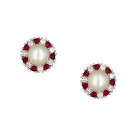 Σκουλαρίκια Λευκόχρυσος Κ18 με Διαμάντια, Ρουμπίνια & Μαργαριτάρια SKU-74257