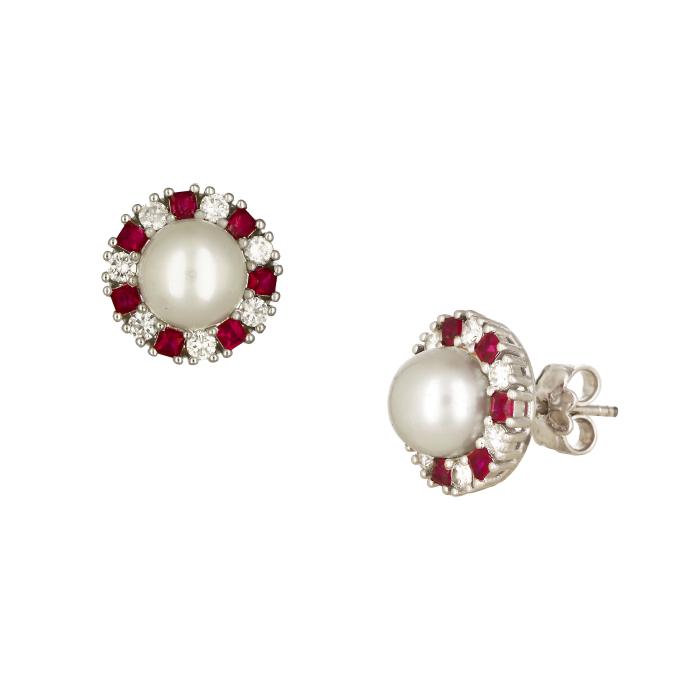 Σκουλαρίκια Λευκόχρυσος Κ18 με Διαμάντια, Ρουμπίνια & Μαργαριτάρια SKU-74257